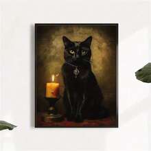 1 件黑猫复古装饰艺术帆布印刷品，经典哥特式宠物肖像墙艺术，动物主题可选框架绘画海报，适用于室内和室外装饰 - 非常适合家庭办公室、客厅、卧室家居装饰万圣节装饰秋季装饰房间装饰 - 彩色 - 查看 7