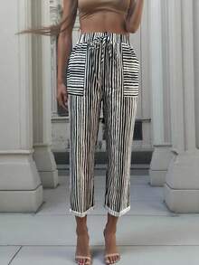 Striped Elastic Waistband Tapered Pants With Diagonal Pockets And Straps, Casual And Versatile, Women's Spring And Autumn Casual Drawstring, Pocket Natural Jogging Cut Black And White Striped Regular Fit Women's Pants, Casual Daily Wear - White - View 8
