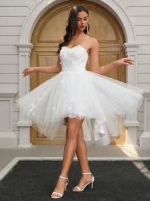 YUMIBRAVO Ballet Style White Dresses For Women Elegant Wedding Dress Romantic Appliques Wedding Dress Bridal Short Prom Dress Low Hem Graduation Dress Ball Gowns Woman Formal Dress Elegant Bridal Dresses For Summer Wedding Party