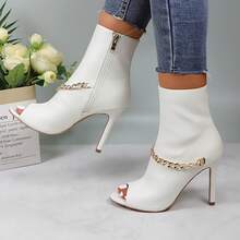 Women's Peep Toe Ankle Boots, Gold Chain Detail, High Heel: Stylish Design, Non-Slip Rubber Sole, Latex Insole For Comfort, Perfect For Shopping, Parties, And Casual Outings  Fashionable    Polyester - 白色 - 查看 5