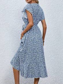 Women's Bohemian Floral Dress - V-Neck Ruffle Sleeve Tie Waist, Midi A-Line Skirt, Summer Vacation & Wedding Guest Outfit, Vestidos Elegantes De Mujer Teacher Outfits - Màu xanh lam - Xem 2