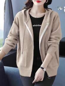 女士宽松拉链连帽卫衣，厚针织卫衣外套，适合秋冬和春季 - 駝色 - 查看 6