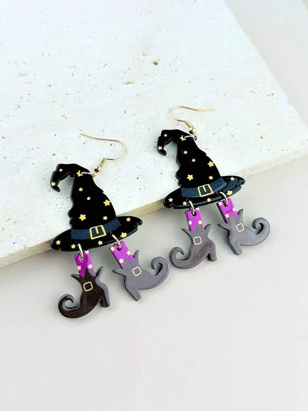 Un sombrero de mago de Halloween, botas, aretes impresos acrílicos, aretes de dibujos animados de terror y humor, la versión real ha sido sellada con aceite y habrá reflejos al fotografiar, por lo que puede haber una pequeña diferencia de color con respecto a la versión real