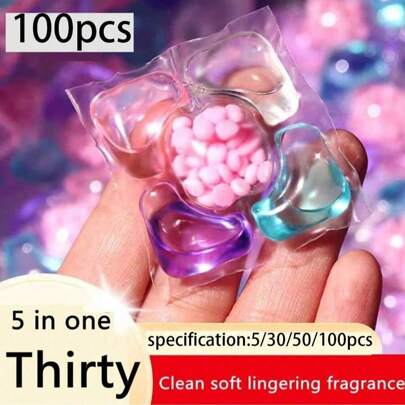 100-5pcs Five In One Laundry Gel Strong Laundry Detergent Perfume Beads Multi-Purpose Aromatherapy Laundry Cleaning Beads Decontamination And Lasting Fragrance Beads, Can Create Soft, Easy To Wash Clothes Cleaning Clothes Increase Fragrance Durable Portable Laundry Gel Beads Lasting Fragrance
