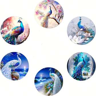 6pcs/Set Dreamy Peacock Pattern Wooden Coasters, Household Wooden Cup Mats, Tea/Coffee Coasters, Suitable For Home, Living Room, Office Decor, Christmas, Valentine's Day, New Year Decoration. 300 Sets, 1800 Pcs Total.