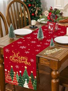 1pc 35*180cm/13.78*70.87inch Christmas Tablecloth With Red & Gold Christmas Tree And Snowflake Pattern, Suitable For Dining Table, Entryway, Coffee Table Holiday Decor, Fabric Winter Seasonal Decoration - Multicolor - View 8