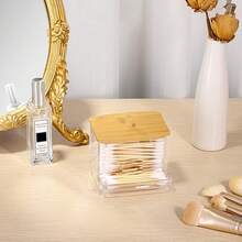 1 Pc Acrylic Qtip Holder With Bamboo Lid, Clear Small Cotton Swab Dispenser, Plastic Ear Stick Swabs Holder, Square Toothpick Storage Container, Bathroom Countertop Decorative Storage Organizer