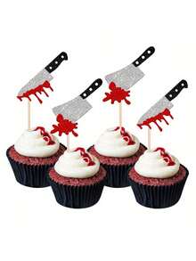 1/12/24 Stück Horror Halloween Cupcake Topper mit Glitzer, gruselige Blutmesser Cupcake Picks für Halloween Themen-Geburtstagsfeiern, Kuchen Dekorationen und Zubehör