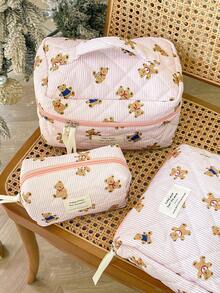 1 PC Pink Striped Bear Make Up Bag,Halloween,Trick Or Treat,Fashionable And Casual Large Capacity Portable Zipper Makeup Bags,Travel Storage Stationery Storage,Vacation Essentials Cosmetic Bags For Pouch Pads,Wired Earphones,Earpods,Headphones,Charger,Lipsticks,Cosmetics,Perfume,Skin Care And Beauty Products,Home Decor,For Mom,Women,Nurses,Students,School Girls,Keys,Holiday Gifts