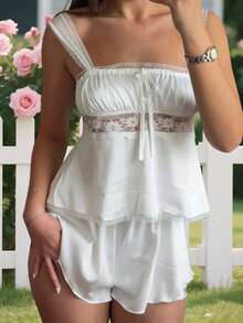 Women Cami Pajama Set, Lace Trim Square Neck Sleeveless Tops + Elastic Waist Mini Shorts 2 Piece Sleepwear Outfit - 白色 - 查看 2