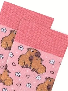 1/3 Pairs Pink Capybara Pattern Socks, Suitable For Daily Wear, Handwash, Cute Design With Anti-Slip And Moisture-Wicking Features - Multicolor - View 3