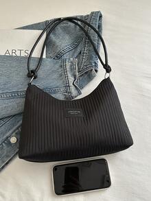 2025 New Casual Large Capacity Crease Striped Fresh Commuting Solid Color Shoulder Underarm Handbag - Black - View 8