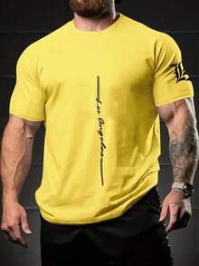 Men's Light Pink Quick-Dry Breathable Short Sleeve Crew Neck T-Shirt With "Los Angeles" Graphic Print - Perfect For Outdoor Sports - Multicolor - View 3