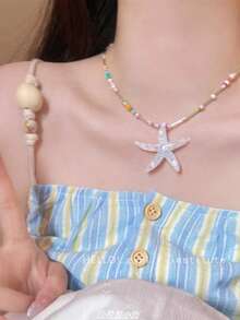 1 Peça Colar de Contas Coloridas de Estrela do Mar de Resina Boêmio Refrescante de Verão para Mulheres, Férias na Praia