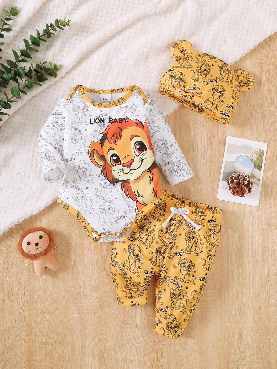 Conjunto de 3 piezas "Bebé León Valiente" con blusa de manga larga, pantalones con estampado de león y gorro con orejas para niño pequeño - Amarillo - Ver 1