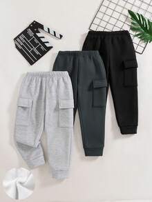 3 件套男童休闲时尚纯色口袋设计松紧腰裤和羊毛连帽运动衫，秋冬