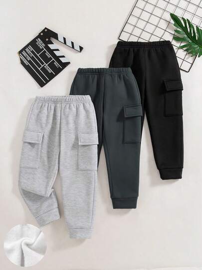 3 件套男童休闲时尚纯色口袋设计松紧腰裤和羊毛连帽运动衫，秋冬