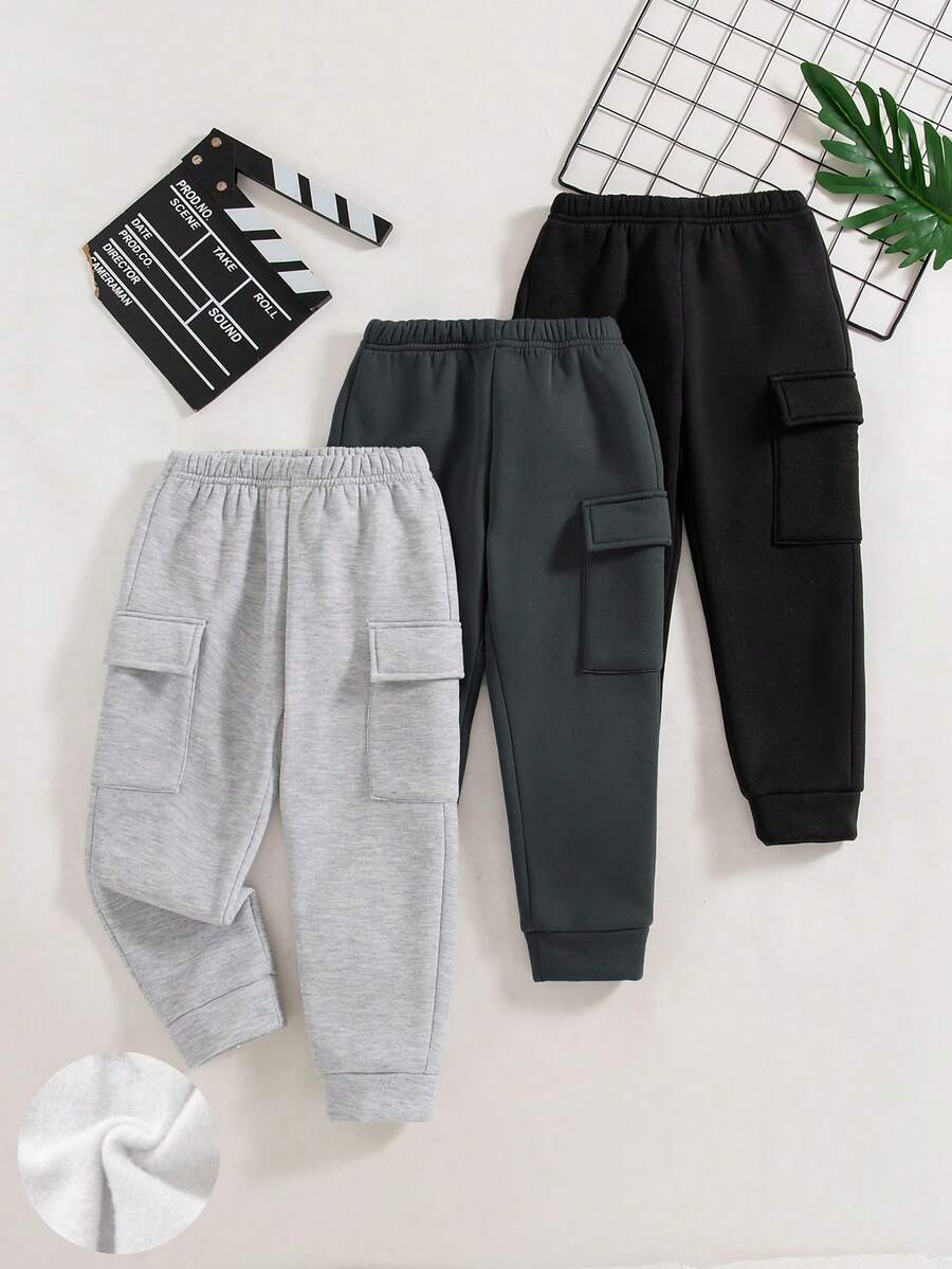 3 件套男童休闲时尚纯色口袋设计松紧腰裤和羊毛连帽运动衫，秋冬