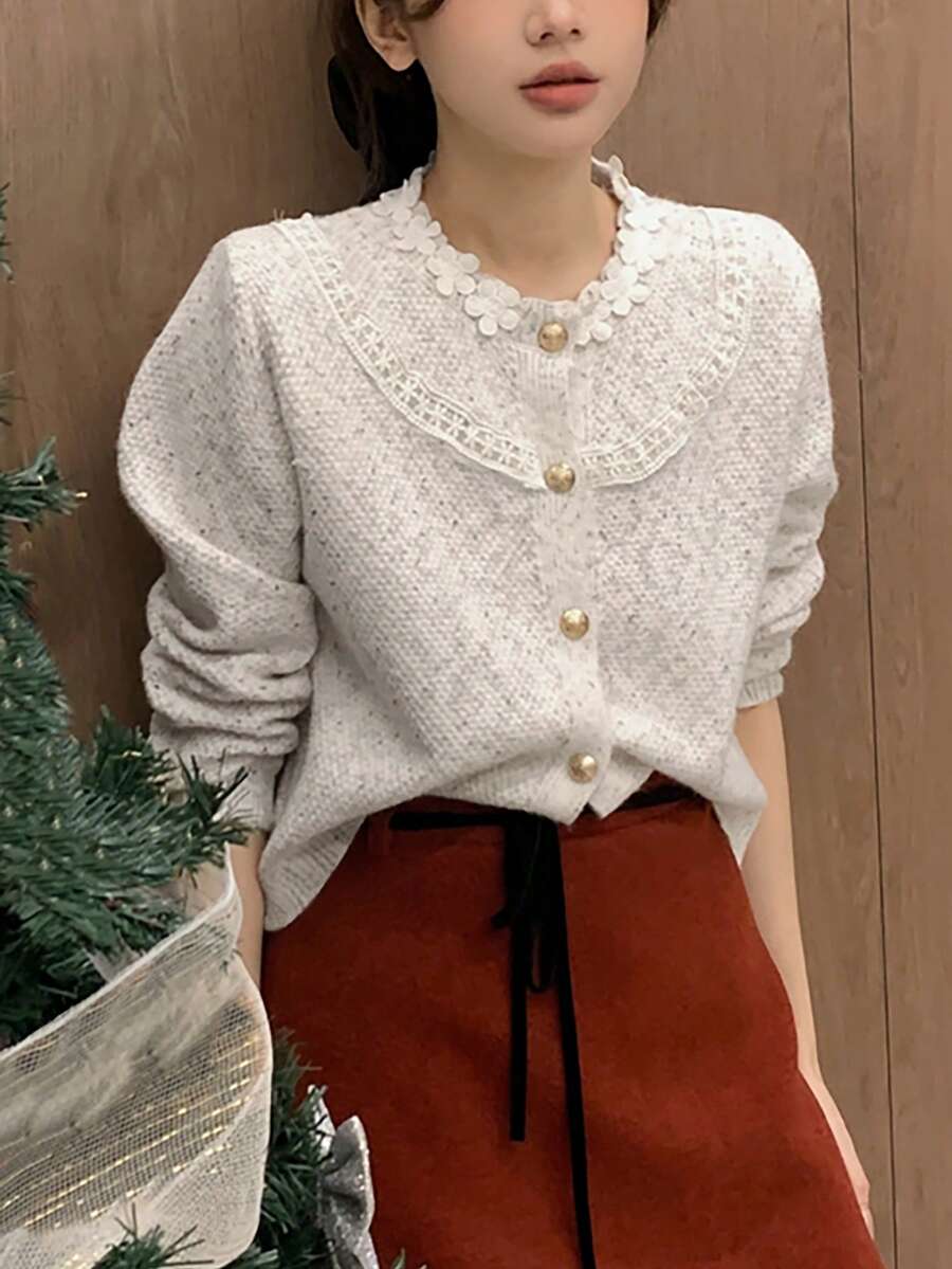 Alicedudu Damen Pullover Cardigan mit Blumen Verzierung am Rundhalsausschnitt, Herbst/Winter