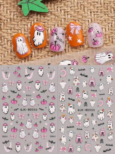 2pcs Cute Cartoon Halloween Manicure Relief Stickers - Ghost, Phantom, Bat, Small Flower Design, Self-Adhesive Manicure Decals For Women, 5D Relief Finishes, Cute, Funny And Delicate Themes, Easy To Apply Nail Decoration, DIY, Holiday Gifts, Party Styles