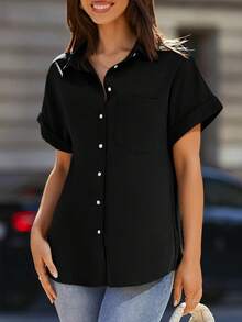 Fnortc Summer Women's Utility Tops Button Down Shirts Pocket Covered Sleeve Tops - 黑色 - 查看 2