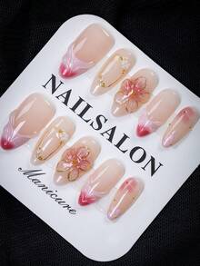 10 件装温柔甜美风格杏仁粉状腮红按压指甲，粉状腮红花朵设计，镀金边缘装饰和粉色渐变点缀纯手工美甲，夏季必备假指甲，适合日常佩戴、婚礼、派对和节日，是送给女士和女孩的最佳礼物 - 淺粉色 - 查看 8