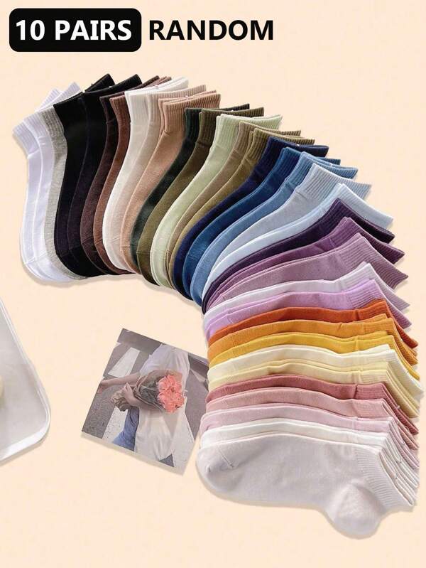 10 أزواج من جوارب الطاقم الرياضية ذات الألوان الحلوى العشوائية البسيطة للنساء، جوارب للمراهقين للمدرسة والجري والتخييم والتدريب، هدية عيد ميلاد للسفر والرحلات