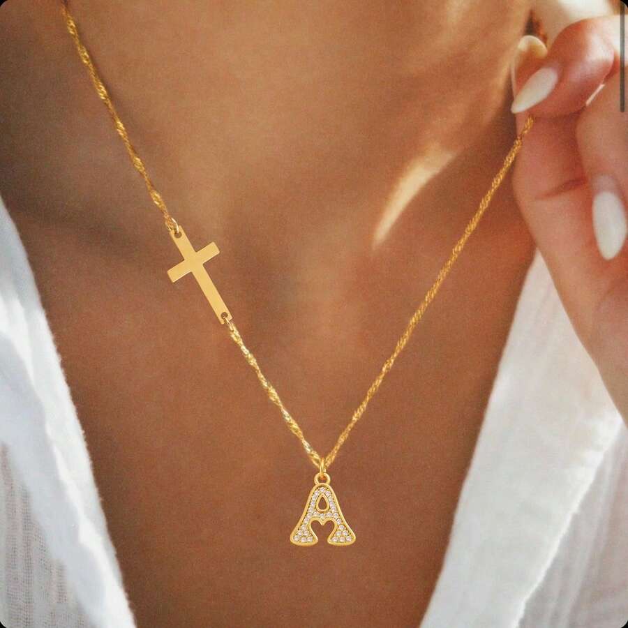 1pc New Classic Initial Cross Pendant Golden Stainless Steel Water Wave Chain Necklace For Women - Yellow Gold - View 1