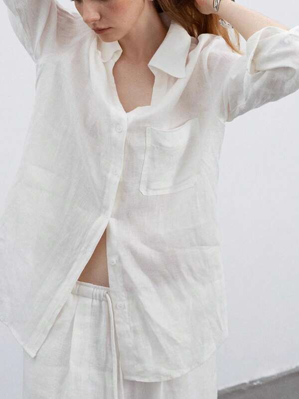 Camisa de lino de cuello en V de corte holgado, diseño minimalista, manga larga, unicolor, bolsillos con botones delanteros