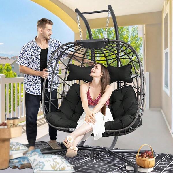 Double Egg Chair With Stand Indoor Outdoor 2 Person Large Wicker Hanging Swing Chair Oversized Twins Patio Loveseat 2 Seat Grey Rattan Black Cushions With Cover