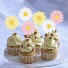 6 pièces/12 pièces/24 pièces Fleurs roses blanches jaunes de marguerite, Décorations de cupcakes pour anniversaire, mariage, fête. Fournitures DIY pour la décoration de cupcakes