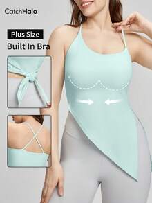 Crisscross Back Built In Bra Plus Size Women's Workout Tank Top - Thin Straps & Asymmetrical Hem Cropped Camisole | 4-Way Stretch Breathable Atheleisure Sport Tank Top For Gym, Yoga, Pilate, Running (Mint Green, 0XL~3XL) - Mint Green - View 1