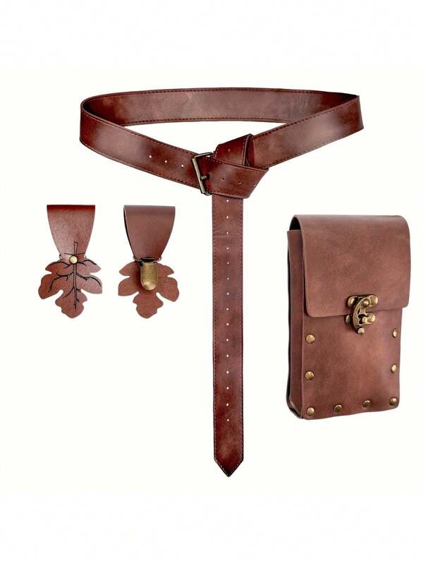 4pcs Vintage Viking Faux Leather Belt Set With Sword Sheath, Hiking Loop, And Leaf Skirt - Medieval Renaissance Embossed Design, Adjustable Strap, Perfect For Outdoor Adventure, Medieval Belt Renaissance Viking Faire LARP Cosplay Prop,Halloween