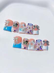 10pcs Y2K Cute Nails Duckbill Shape Blue & White French Handmade Press On Nails, Back To School, White Pearl Star, French Tip, Silver Bow, Blue & White Patterns, 3D Flowers, Full Coverage Decoration; Nail Supplies, Acrylic Press On Nails Homemade Nails DIY, Nail Art, Acrylic False Nails; Suitable For Vacation, Birthday, Parties, Daily Wear; Includes 1pc Nail Sticker & 1pc Mini File - Blue and White - View 2
