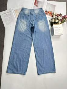 Women's Y2K Washed Vintage Wide Leg Jeans, Casual Street Style, All Season Spring - Light Blue - View 7