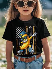 Graphic Banana Retro American Flag Dabbing Banana Enthusiasts Fun Aesthetics Graphic Children's T-Shirt Popular Children's T-Shirt Street Clothing Top T-Shirt - 黑色 - 查看 3