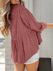 Chaqueta de pana rojo vino talla grande para mujer, diseño con bolsillo delantero, chaqueta camisa casual, hombros caídos, adecuada para uso diario y vacaciones, otoño/invierno