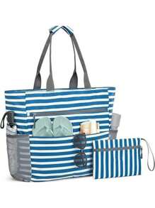 女士沙滩包两件套，大号防水沙滩手提包，拉链沙滩包，防水防沙泳池包，大容量手提健身包，跑步配件运动包，女士运动包，健身运动包，大容量旅行包，男士度假旅行必备耐用瑜伽包 - 彩色 - 查看 5