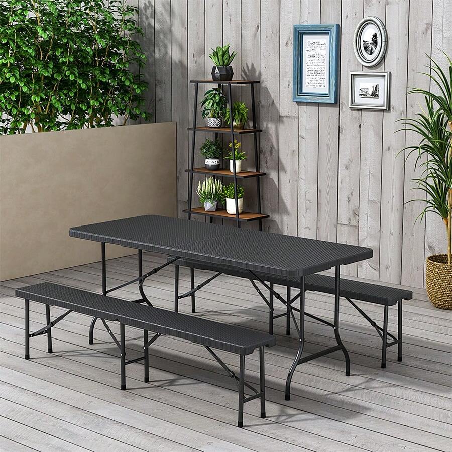 LIVINGANDHOME Living And Home 178cm Outdoor Rattan Folding Table - Elegant Black/Brown Woven Design With Metal Frame - Portable Party & Event Table With Carrying Handle - Black - View 1