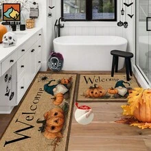 1pc Halloween Pumpkin Spider Silk Patterned Bathroom Anti-Slip Mat, Made Of Artificial Cashmere Material, With Fluffy Decoration, Suitable For Doors, Bathrooms, Kitchens And Other Occasions, Machine Washable, Anti-Slip, Daily Decoration, Can Be Given