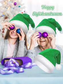 2 件套成人圣诞老人帽子，绿色中性风格加厚天鹅绒温暖舒适新年假期派对，红色毛绒边缘成人圣诞帽，无纺布帽，成人圣诞帽，男女通用天鹅绒舒适加厚毛皮圣诞帽，适合新年节日派对，成人圣诞节帽子，触感柔软舒适的天鹅绒加厚圣诞帽，适合圣诞节新年派对用品 - 綠色 - 查看 4