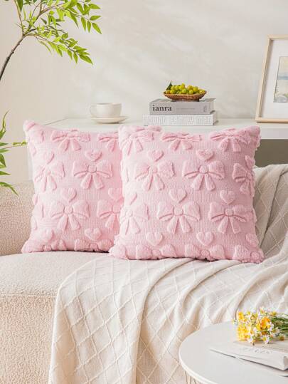 1/2pcs Pink Bow & Heart Plush Throw Pillow Cover, 18" X 18", Cute, Luxurious, Soft, 100% Polyester, Zipper Closure, Modern Style, Suitable For Sofa, Living Room, Bedroom Decor