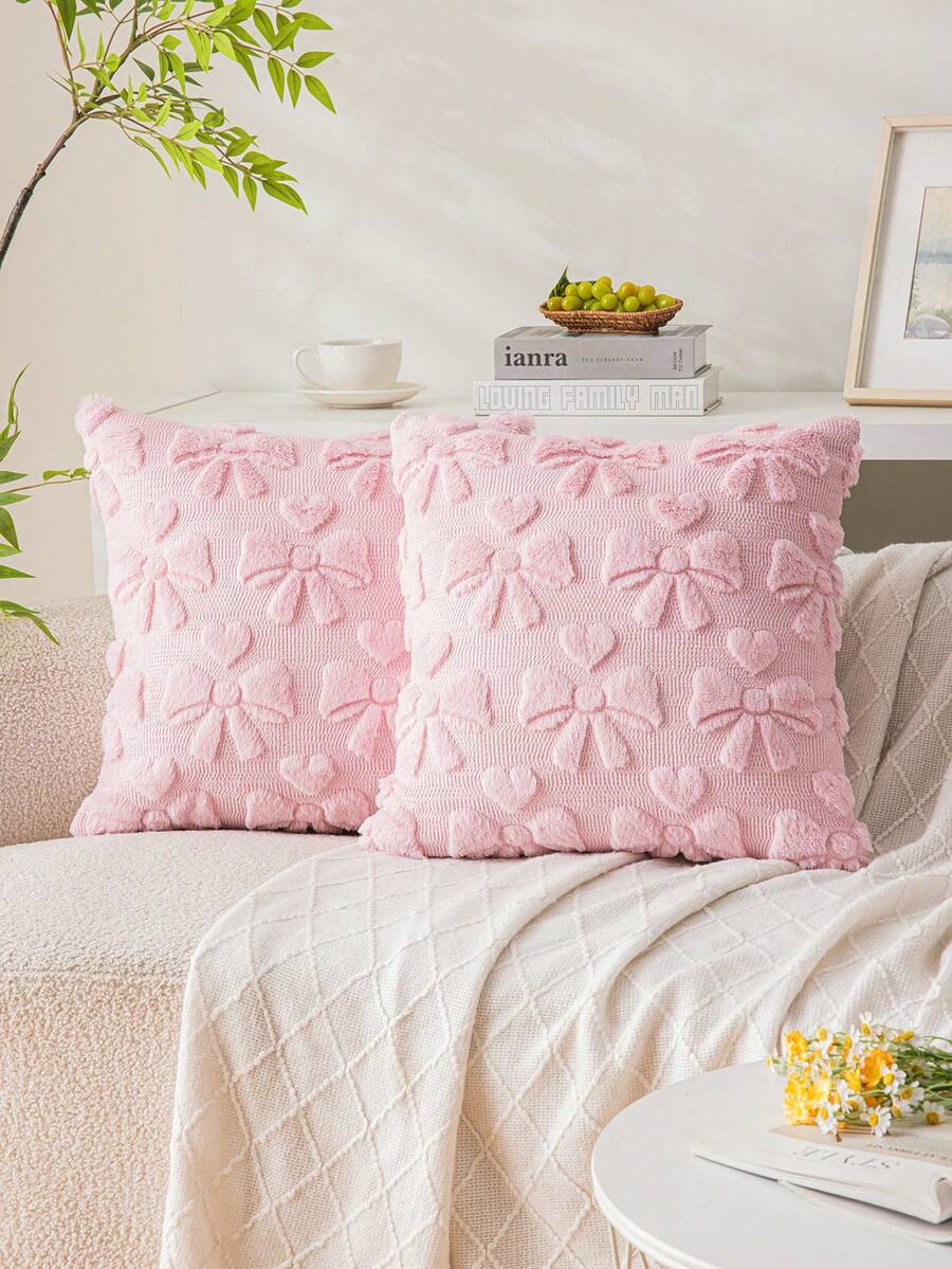 1/2 件装粉色蝴蝶结爱心毛绒抱枕套，18 英寸 x 18 英寸，可爱、奢华、柔软，100% 涤纶，拉链封口，现代风格，适用于沙发、客厅、卧室装饰 - 粉色 - 查看 1