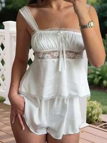 Women Cami Pajama Set, Lace Trim Square Neck Sleeveless Tops + Elastic Waist Mini Shorts 2 Piece Sleepwear Outfit - 白色 - 查看 5