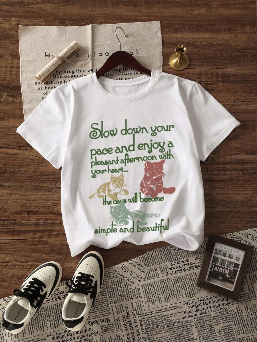 夏新作 白猫プリント Tシャツ ラウンドネック 半袖カジュアル ティーンガール用 - ホワイト - チェックする 1