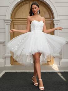 YUMIBRAVO Ballet Style White Dresses For Women Elegant Wedding Dress Romantic Appliques Wedding Dress Bridal Short Prom Dress Low Hem Graduation Dress Ball Gowns Woman Formal Dress Elegant Bridal Dresses For Summer Wedding Party