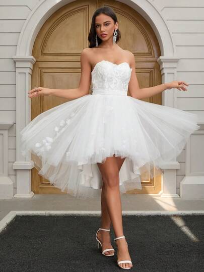 YUMIBRAVO 女士芭蕾风格白色礼服优雅婚纱浪漫贴花婚纱新娘短款舞会礼服低下摆毕业礼服舞会礼服女士正式礼服优雅新娘礼服夏季婚礼派对