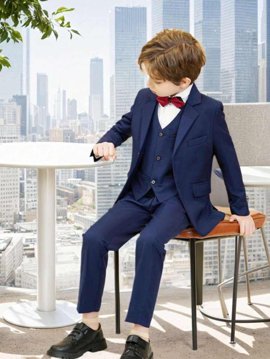 5-Piece Boys Formal Suit Set Slim Fit Blazer Jacket Vest Waistcoat Dress Pants Shirt Bow Tie Ring Bearer & Wedding Party Outfit Kids Ages 2-14 Years School Opening Ceremony Season To Wear - 藏青色 - 查看 1