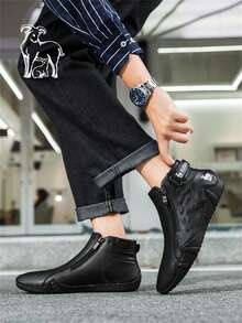 Men's Casual High-Top Leather Boots With Side Zipper Design, For Daily Wear - Black - View 5