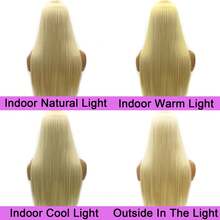 28 英寸 13x4 高清蕾丝前发假发，长直金发假发，合成耐热纤维假发，优质铂金金发丝直发 13*4 假发，女士假发，带高清透明蕾丝，无胶蕾丝自然直发假发，200% 密度假发 - 金色 - 查看 6